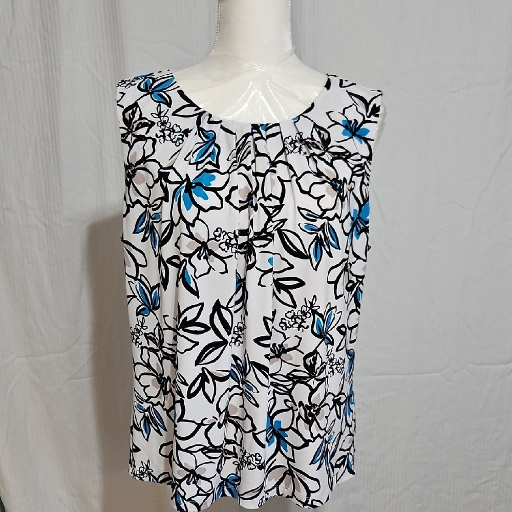 Calvin Klein Sleeveless Floral Blouse - Black, Blue, White